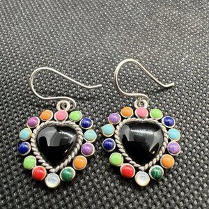 Vtg Colorful Rainbow Stones & Black Onyx Heart 925 Sterling Dangle Earrings